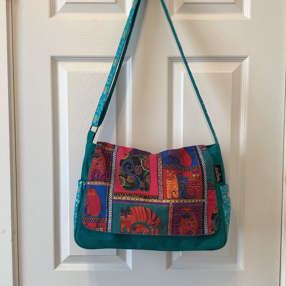 Laurel Burch Cat Tapestry Canvas Shoulder Bag Teal Gold Floral Messenger Bag